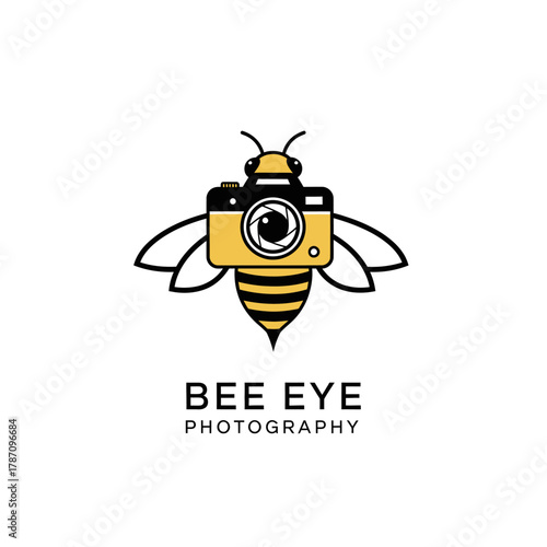 A minimalist logo design featuring a bee with a camera body, representing a photography business concept in a clean and modern style on a white background.