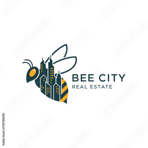 A creative logo design featuring a bee silhouette filled with a cityscape, accompanied by the text 'BEE CITY REAL ESTATE' on a clean white background.