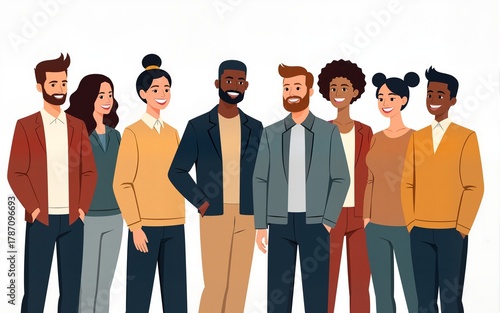 Group of happy diverse multiethnic business people standing together. Team of colleagues in different ages. Isolated vector illustration. High quality