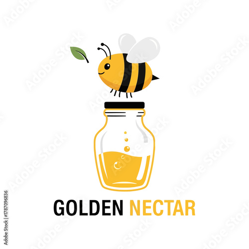 A charming illustration features a cheerful bee hovering above a golden nectar jar, with a single leaf adding a touch of nature and freshness to the scene.