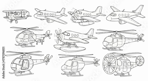Collection of hand-drawn outline illustrations of various aircraft types including airplanes and helicopters.