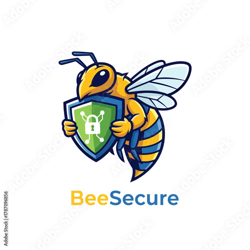 A cartoon bee character proudly holds a shield displaying a padlock symbol, representing security and protection in a playful and approachable manner.