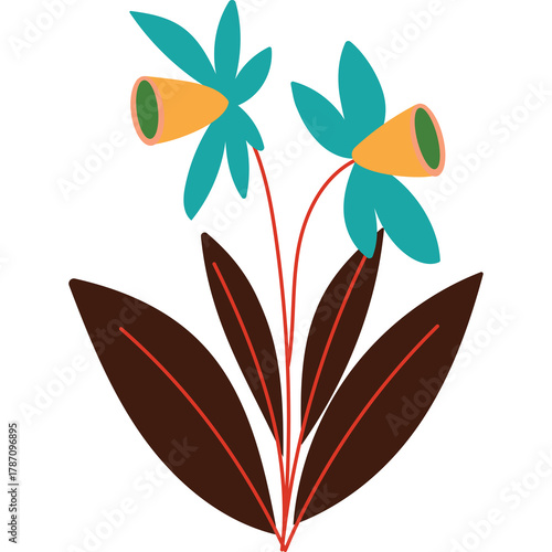 Abstract Illustration of Two Bell Flowers with Teal Blue Petals and Orange Centers on a Transparent Background