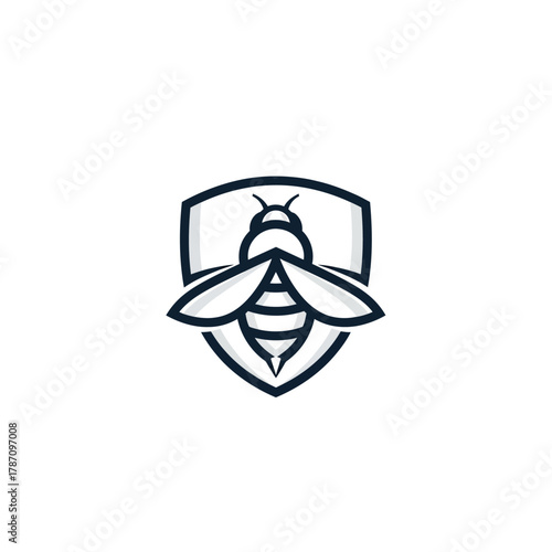A minimalist logo design features a stylized bee centered on a shield shape, perfect for branding related to honey, nature, or protection services.