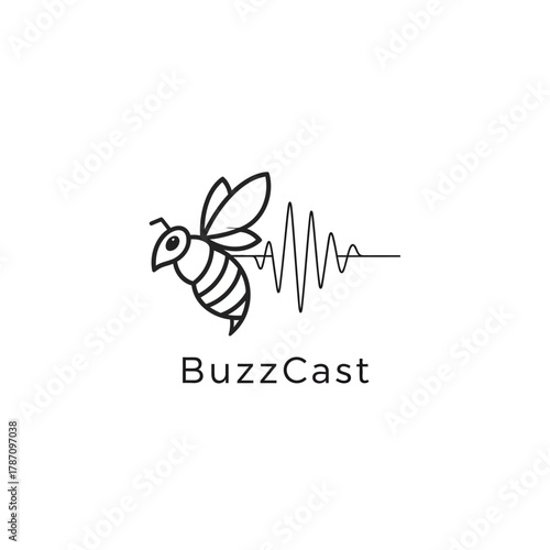A minimalist line art design featuring a bee emitting sound waves, perfect for branding a podcast or audio-related business with a creative, buzzing concept.