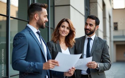 Colleagues company employees talking and discussing business plans outside office building, diverse business team men and women discussing financial reports and contract documents on stairs