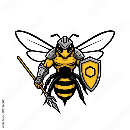 A cartoon bee warrior stands ready for battle, complete with a helmet, shield, spear, and armor, all set against a clean white background.