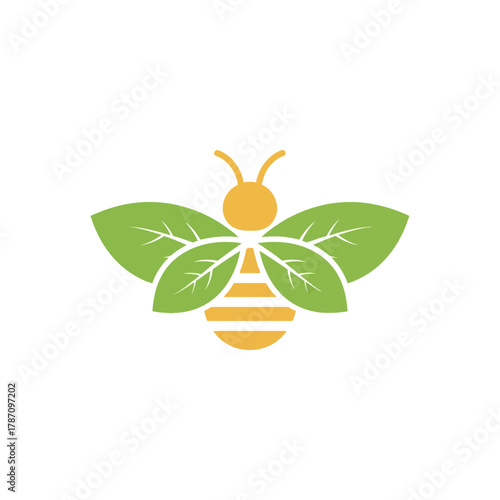 An artistic representation of a bee with wings formed by green leaves, conveying a nature-friendly and eco-conscious concept, suitable for organic products.