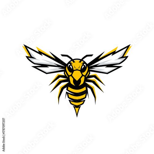 A stylized vector illustration of a yellow and black wasp with wings spread, ideal for sports team logos, branding, or graphic design projects.