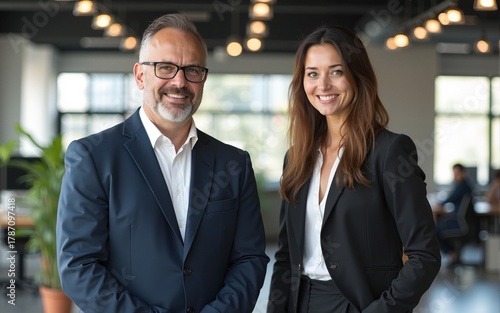 Portrait of two business people standing in an office. High quality