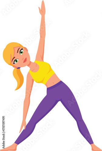 Young woman performing the triangle pose trikonasan in yoga, promoting fitness and well-being