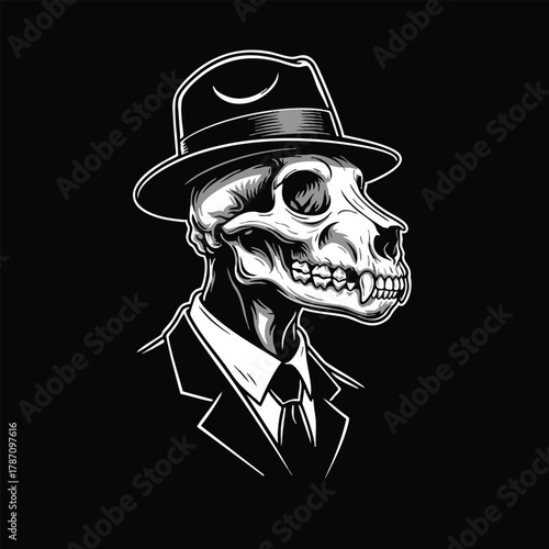 Elegant Canine Skull Gentleman in Fedora and Suit Vector Illustration a Dark Artistic Portrayal