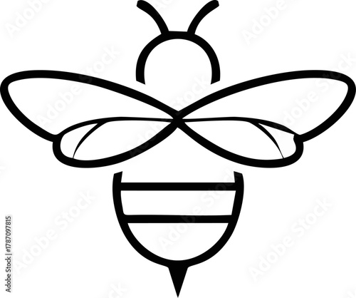 A minimalist black and white line drawing of a bee with stylized wings and body, perfect for logos or icons related to nature or honey products.
