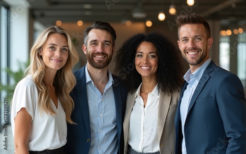 Portrait of successful diverse international business team friendly group of four coworkers capable reliable professional specialists posing at office standing close together smiling looking at camera