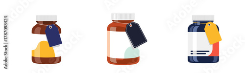 Vitamin bottles with discount tags in flat design style  