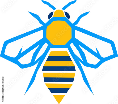 A vibrant illustration showcases a stylized bee with a striking combination of blue and yellow geometric shapes, perfect for design.