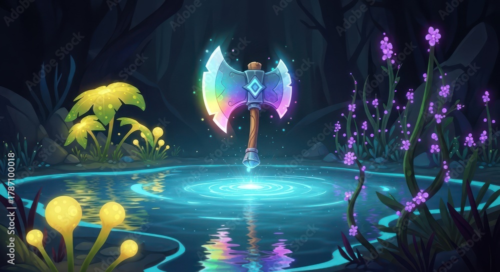 Obraz premium Enchanted Rainbow Axe: A Magical Artifact in a Mystical Forest Oasis Illustration