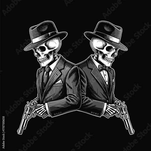 Macabre Gangster Skeletons with Pistols: A Duality of Death and Underworld Power Illustration