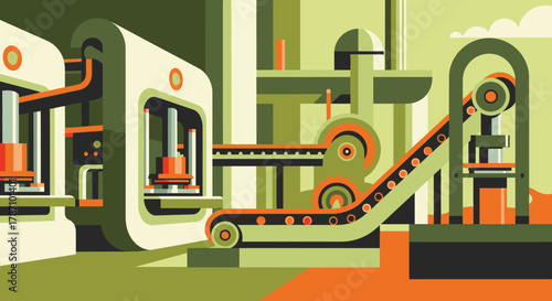 A vibrant, modern flat design illustration showcases an automated industrial manufacturing process with machinery and conveyor belts efficiently moving products through a factory setting.