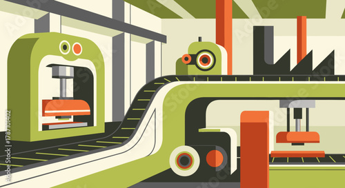 This stylized illustration vividly portrays a modern automated factory production line, featuring advanced machinery and conveyor belts for efficient industrial manufacturing.