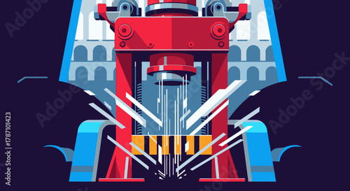 A powerful red industrial hydraulic press machine crushes an object, generating dynamic sparks and debris in a factory setting, illustrating immense force.