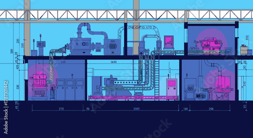 This image illustrates a detailed cross-section of a modern industrial facility, showcasing complex machinery and intricate piping systems within a factory blueprint.