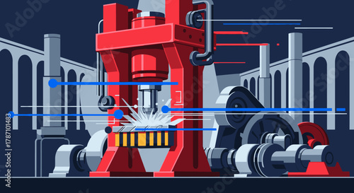 A powerful red industrial press machine, central to modern manufacturing, actively shapes materials with intense force and precision in a dynamic factory setting.