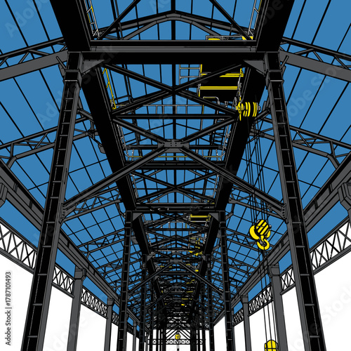 An illustration of a vast industrial interior, featuring black steel beams, a bright blue glass roof, and yellow overhead cranes.