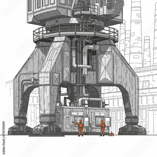 Two orange-suited technicians operate control panels at the base of a massive industrial crane, against a factory background, highlighting industry.