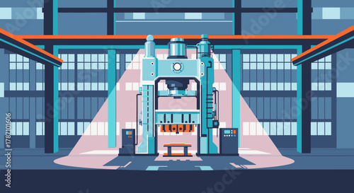 A powerful industrial press machine stands illuminated within a modern factory, symbolizing heavy manufacturing, automation, and precision engineering in a stylized flat design.