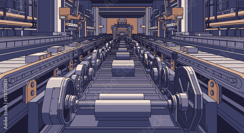A sophisticated automated assembly line stretches into the distance, showcasing modern industrial manufacturing processes and efficient production technology.