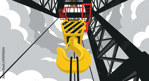 A powerful yellow industrial crane hook is prominently featured from a low-angle perspective, emphasizing heavy lifting and construction work against a cloudy sky.