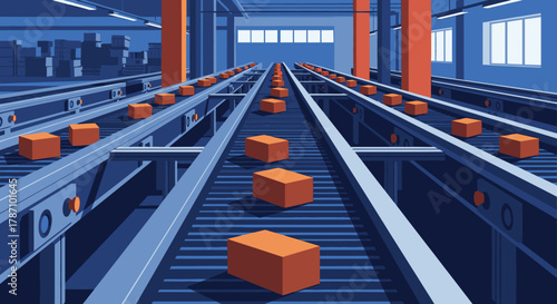 Illustration shows orange packages moving efficiently on parallel conveyor belts inside an automated factory, symbolizing modern logistics, manufacturing, and global distribution.