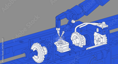 A detailed blueprint illustration showcases an automated robotic arm precisely depositing material to construct a complex component in an advanced manufacturing process.