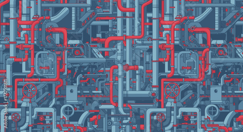 An intricate network of blue and red industrial pipes and mechanical components forms a complex, interconnected system, symbolizing modern infrastructure and industry.