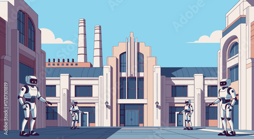 Humanoid robots stand prominently before a large, architecturally distinct industrial complex, representing the future of automation and advanced technology.