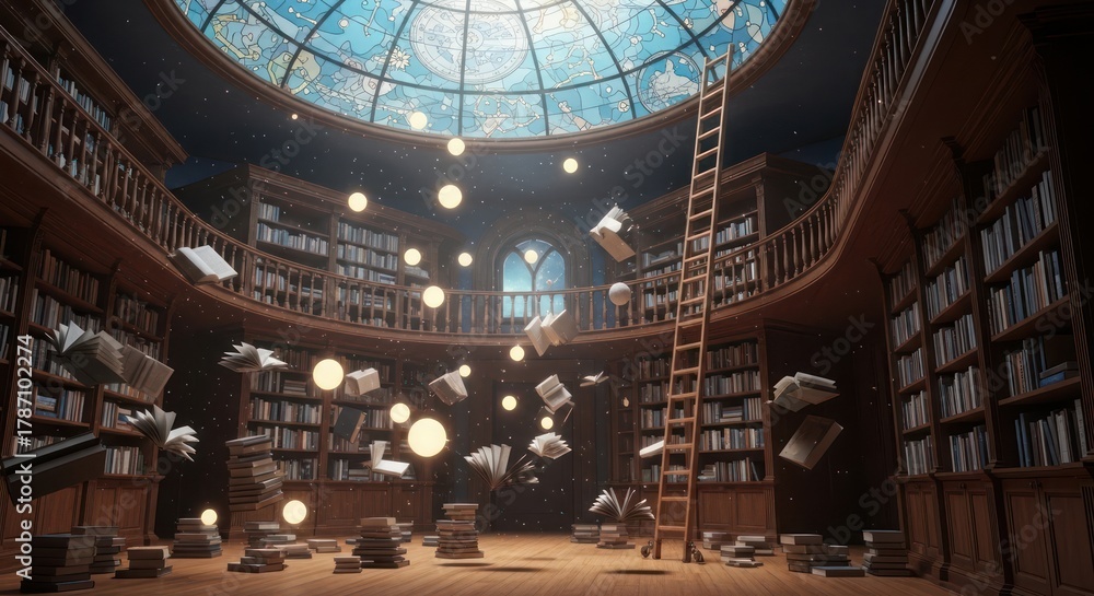 Obraz premium Whimsical library scene with floating books and glowing orbs under a celestial dome