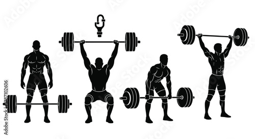 Powerful weightlifters showing strength and fitness in silhouette form