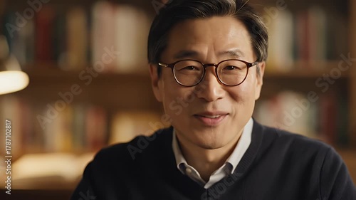 Smiling Man in Glasses Poses for a Portrait in a Library.