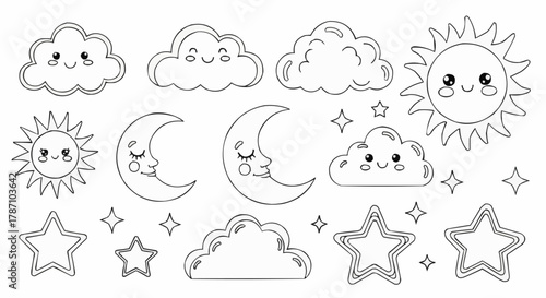 Cute Kawaii Celestial Elements Sun Moon Stars Clouds Doodle Set.