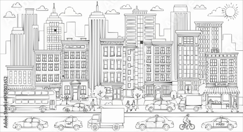 Detailed illustration of a bustling city street with various vehicles and buildings.
