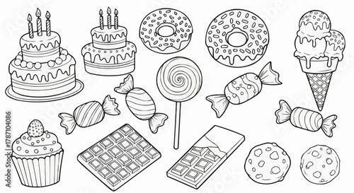 Collection of Sweet Desserts and Candies in Outline Style.