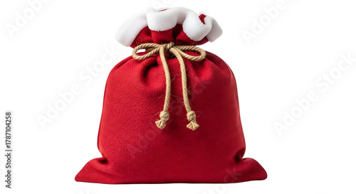 A festive red santa claus sack with a white fluffy trim and a golden rope tie isolated on a black background for christmas