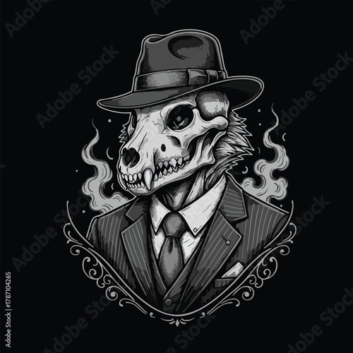 Mysterious Canine Skull Gentleman in a Fedora Suit and Smoky Aura Framed by Ornate Scrolls
