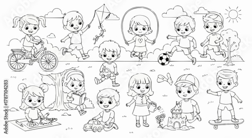 Collection of happy children playing various summer games and activities outdoors.
