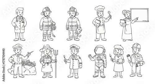 Diverse Cartoon Characters Representing Various Professions in Black and White.