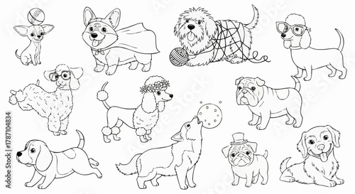 Collection of various dog breeds in black and white line art.