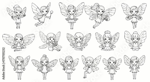 Collection of adorable fairy illustrations in various poses and styles for design.