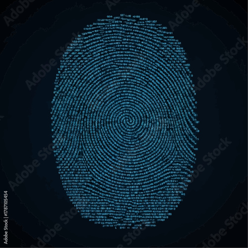 Digital fingerprint composed of binary code, representing identification and security.