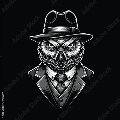 Monochrome cybernetic owl in a fedora and suit, a sophisticated digital illustration.